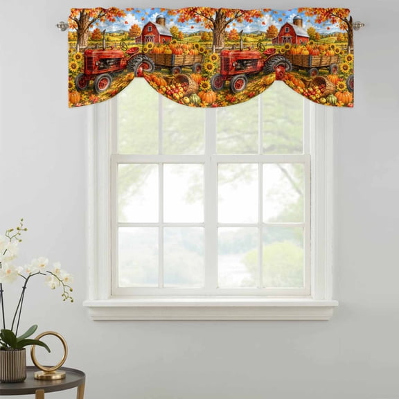 Fall Farmhouse Tie Up Valances Curtain, Harvest Rural Orange Pumpkins Red Barn Wooden Trailer Kitchen Valances for Windows Decor, Rod Pocket Short Curtains Set for Bedroom/Bathroom, 42"x12"