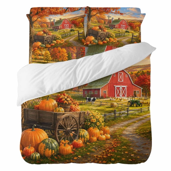 Fall Farmhouse Twin Duvet Cover Set, Rural Red Barn Pumpkins Windmill Country Road Rustic 4 Piece Microfiber Bedding Set with Zipper Closure, Bed Sheet and 2 Pillow Shams, Soft Bedding Cover
