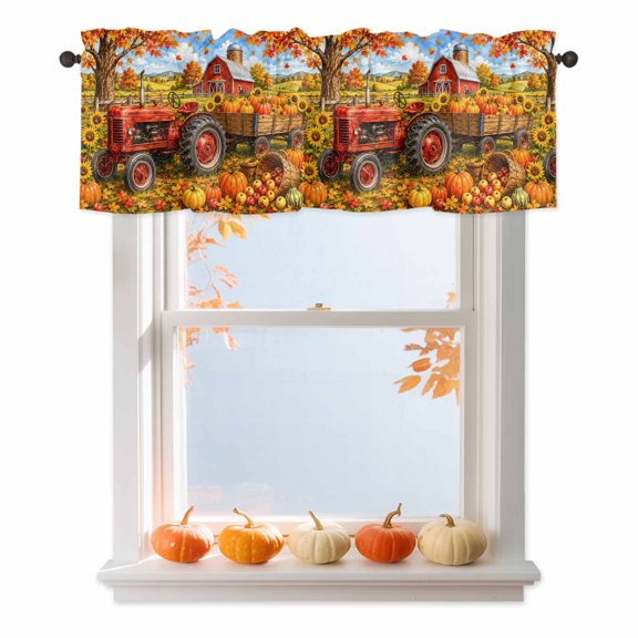 Fall Farmhouse Valances for Windows, Harvest Rural Orange Pumpkins Red Barn Wooden Trailer Rod Pocket Valance Short Window Treatments Curtains for Kitchen Bathroom Bedroom Decor, 42 x 12 Inches