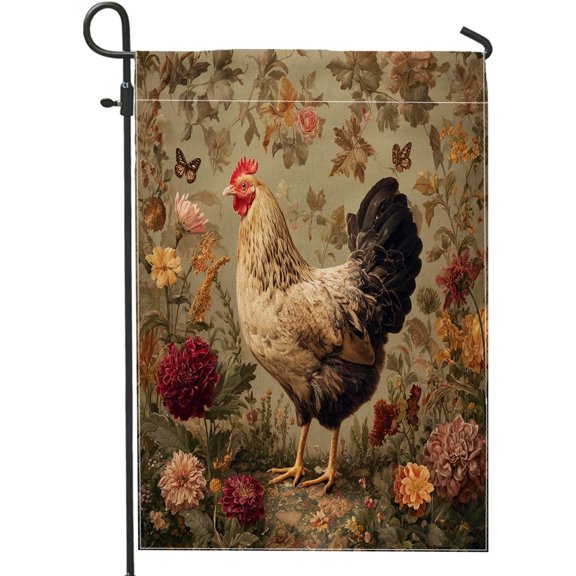 Fall Farmhouse Vintage Chicken Garden Flag 12x18 Inch Double Sided Outdoor Autumn Poultry Pattern Canvas House Flag for Front Yard Backyard Lawn