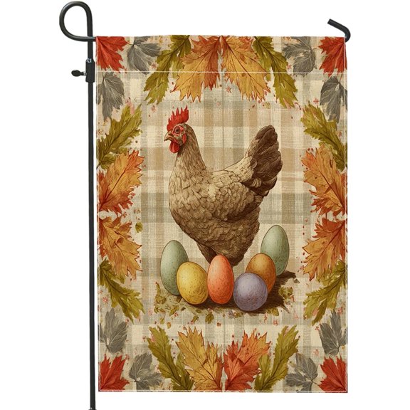 Fall Farmhouse Vintage Chicken Garden Flag 12x18 Inch Double Sided Plaid Poultry Pattern Canvas for Outside Front Yard or Backyard Lawn