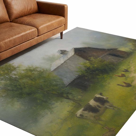 Fall Farmhouse Washable Area Rug 5 x 8 ft Vintage Rustic Barn Farm Chickens Green Tree Forest Soft Non‑Slip Rugs Stain Repellent Indoor Mats for Spacious Family Room, Long Dining‑Table, Sunroom