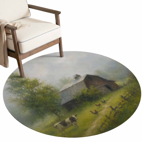 Fall Farmhouse Washable Round Area Rug 5 ft, Vintage Rustic Barn Farm Chickens Green Tree Forest Soft Non‑Slip Rugs Stain Repellent Indoor Mats for Living‑Room Corner, Breakfast Nook, Sunroom