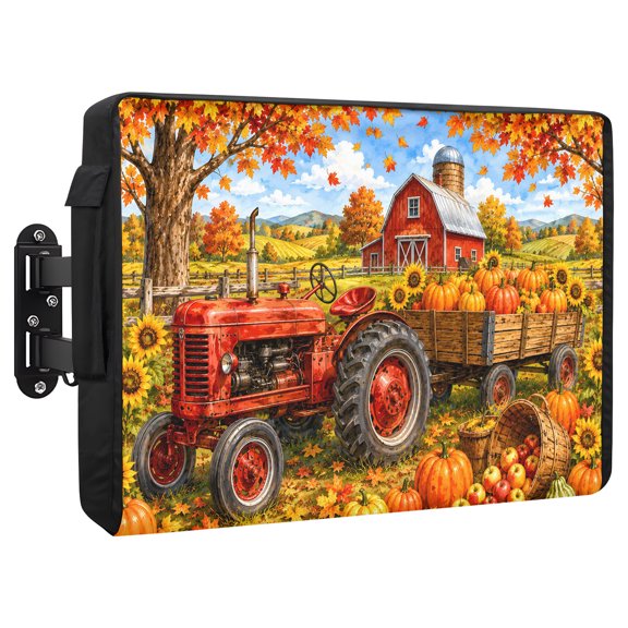 Fall Farmhouse Waterproof Outdoor TV Cover, Harvest Rural Orange Pumpkins Red Barn Wooden Trailer Outside Weatherproof TV Enclosures for 30 to 32 Inch LCD Television Shield Flat Screen Protectors