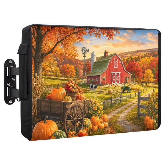 Fall Farmhouse Waterproof Outdoor TV Cover, Rural Red Barn Pumpkins Windmill Country Road Rustic Outside Weatherproof TV Enclosures for 36 to 39 Inch LCD Television Shield Flat Screen Protectors