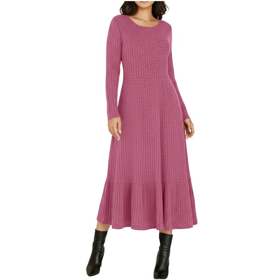 Fall Fashion 2025 Long Sleeve Dress for Women Plus Size Ribbed Knitted Round Neck A-Line Soft and Swinging Dress with Pocket Casual (Pink 2XL)