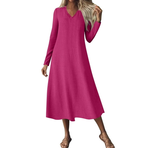 Fall Fashion 2025 Long Sleeve Dress for Women Plus Size V-Neck Solid Color Casual Pocket Long Dress(Hot Pink M)