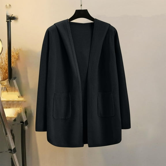 Fall Fashion 2025 Short Hooded Knit Cardigan Sweater for Women Lounge Solid Color Long Sleeve Jacket with Pockets Oversized Open Front Sweaters