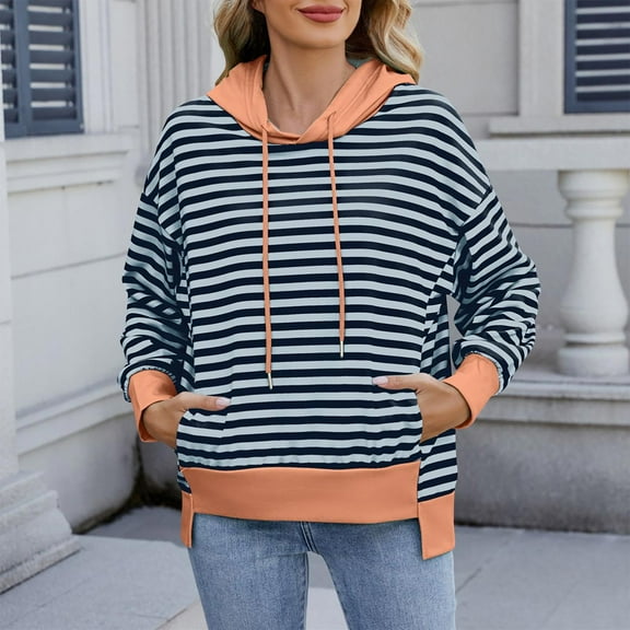 Fall Fashion Cute Hoodies for Women Trendy Casual Crewneck Long Sleeve Pullover Triped Color Block Oversized Sweatshirt Y2K Drawstring Hoodie with Irregular Hem