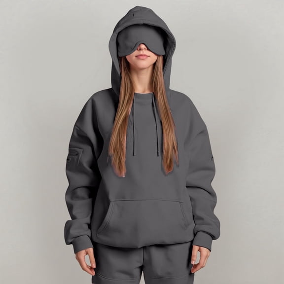 Fall Fashion Hoodies for Women Hoodie with Eyemask Elastic Adjustable Strings Long Sleeve Sweatshirts Side Pockets Solid Color Tops Casual Streetwear Winter Outfit Plus Size