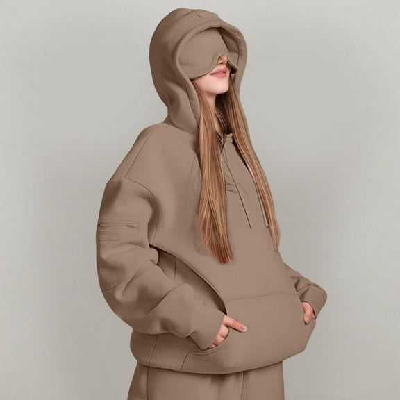 Fall Fashion Hoodies for Women Hoodie with Eyemask Elastic Adjustable Strings Long Sleeve Sweatshirts Side Pockets Solid Color Tops Casual Streetwear Winter Outfit Plus Size