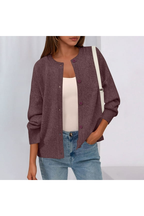 Fall Fashion Knit Cardigan Sweaters for Women 2025 Soft Round Collar Button Down Sweater Jackets Casual Solid Color Long Ribbed Sleeve Coat