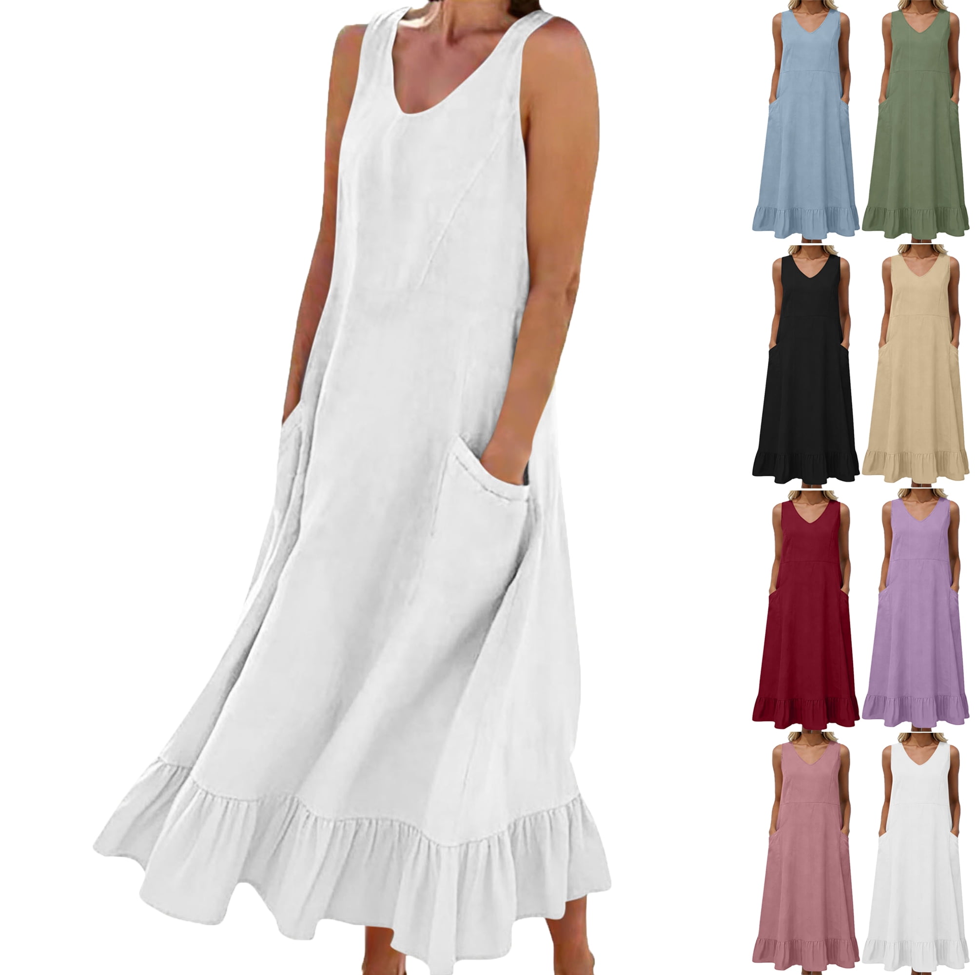 Lenago Maxi Dresses for Women Casual Solid Color Dress with Long ...