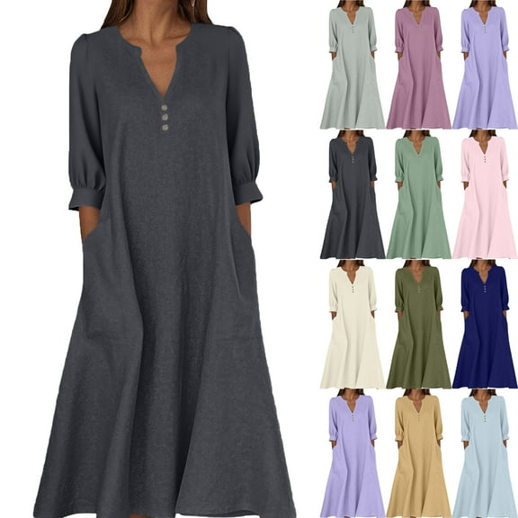Lenago Maxi Dresses for Women Casual Solid Color Dress with Long Sleeves V-Neck Long Dress Half Buttons Plus Size Comfy Dress Oversize Fitted