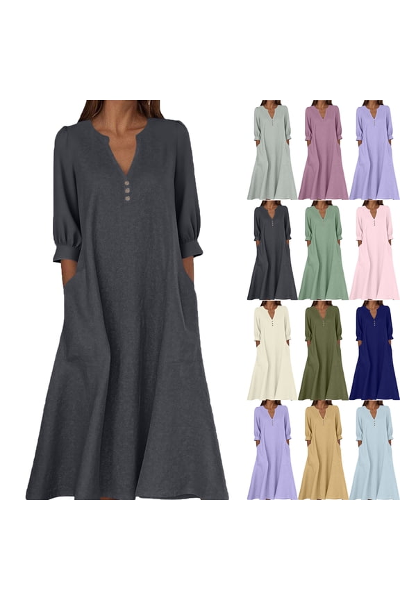 Maxi Dresses for Women Casual Solid Color Dress with Long Sleeves V-Neck Long Dress Half Buttons Plus Size Comfy Dress Oversize Fitted