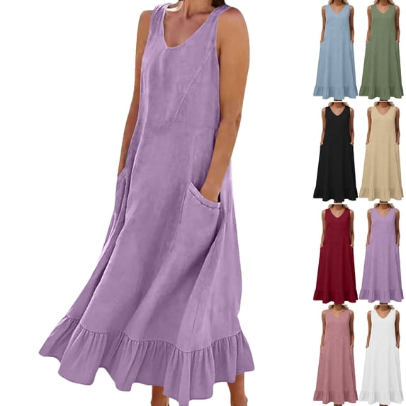Lenago Maxi Dress for Women Sleeveless Flowy Maxi Casual Long Dresses with Pockets Flared Hem Elastic Strap Summer Beach Fashion Maxi Dress for Party Purple Size-XL
