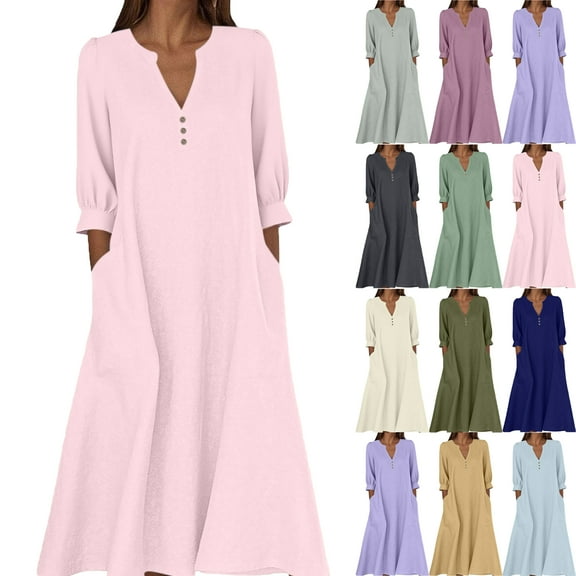 Lenago Maxi Dresses for Women Casual Solid Color Dress with Long Sleeves V-Neck Long Dress Half Buttons Plus Size Comfy Dress Oversize Fitted