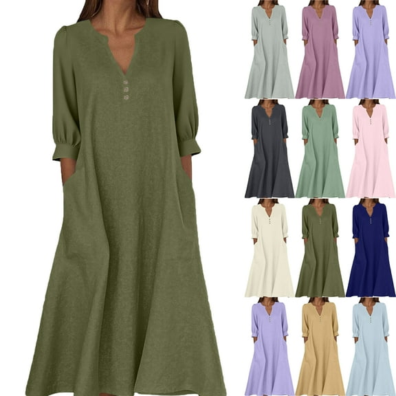 Lenago Maxi Dresses for Women Casual Solid Color Dress with Long Sleeves V-Neck Long Dress Half Buttons Plus Size Comfy Dress Oversize Fitted