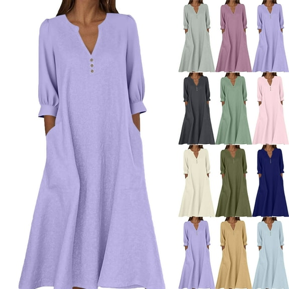 Lenago Maxi Dresses for Women Casual Solid Color Dress with Long Sleeves V-Neck Long Dress Half Buttons Plus Size Comfy Dress Oversize Fitted