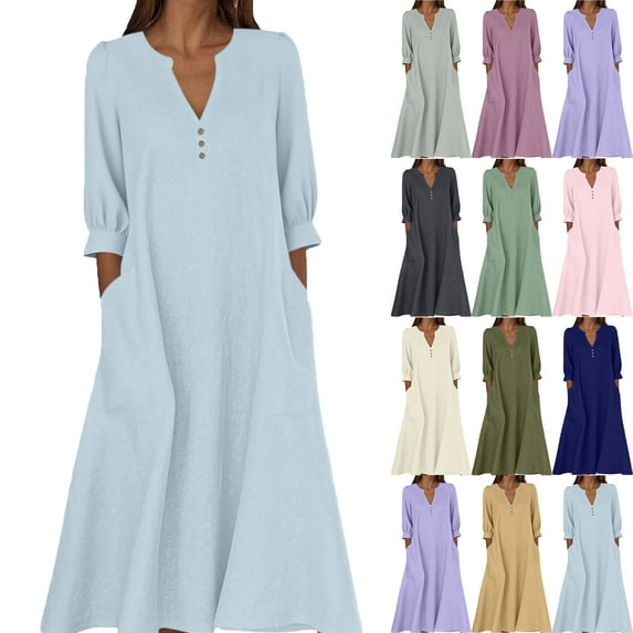 Lenago Maxi Dresses for Women Casual Solid Color Dress with Long Sleeves V-Neck Long Dress Half Buttons Plus Size Comfy Dress Oversize Fitted