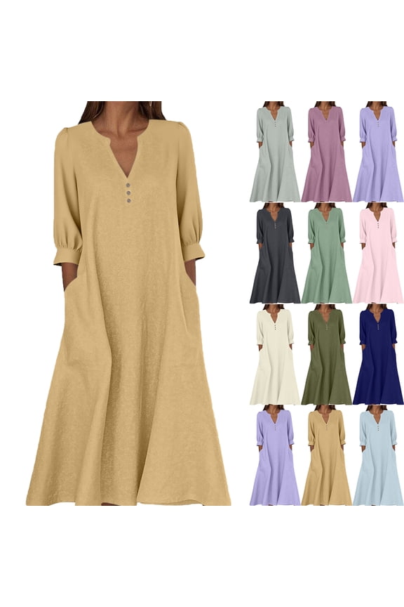 Maxi Dresses for Women Casual Solid Color Dress with Long Sleeves V-Neck Long Dress Half Buttons Plus Size Comfy Dress Oversize Fitted