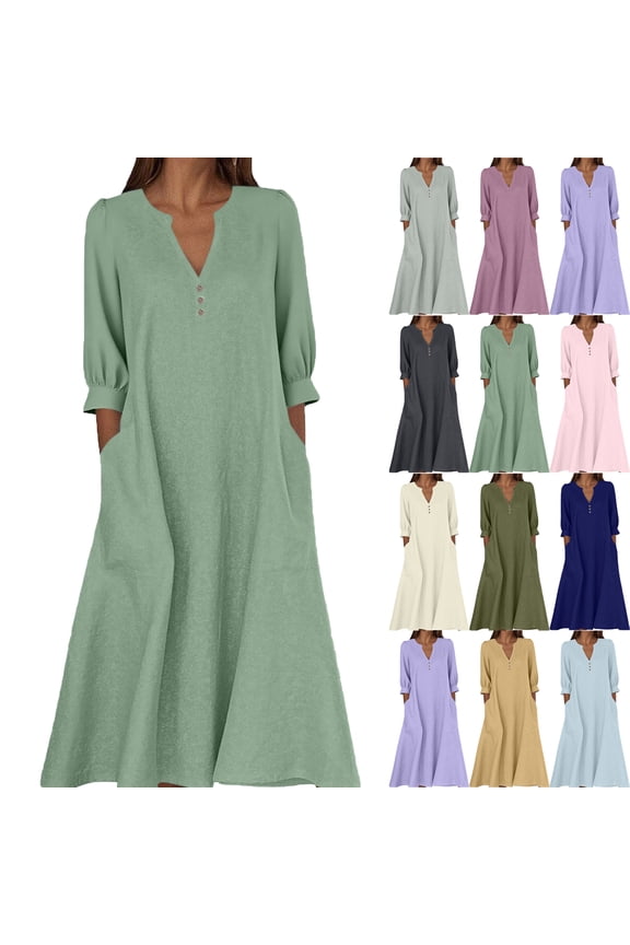 Maxi Dresses for Women Casual Solid Color Dress with Long Sleeves V-Neck Long Dress Half Buttons Plus Size Comfy Dress Oversize Fitted