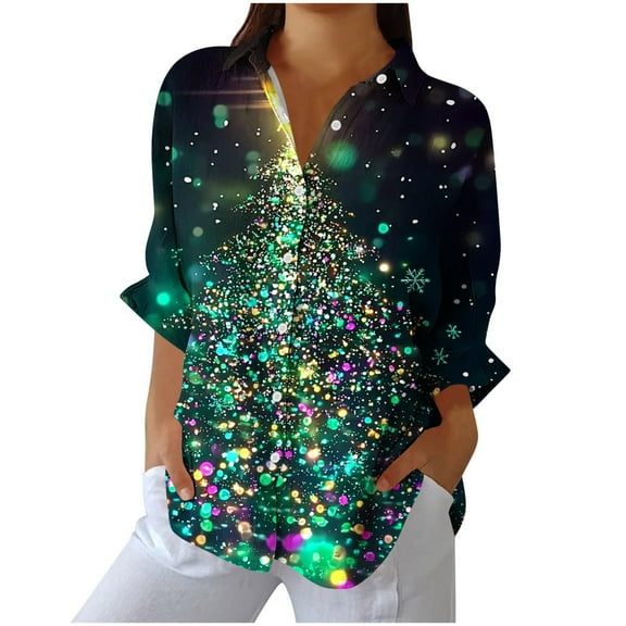 Fall Fashion Must Haves Christmas Tshirts Women Funny Long Sleeve Holiday Shirt Christmas Print Crew Neck Top Button down Blouse Fall Clothes My Items