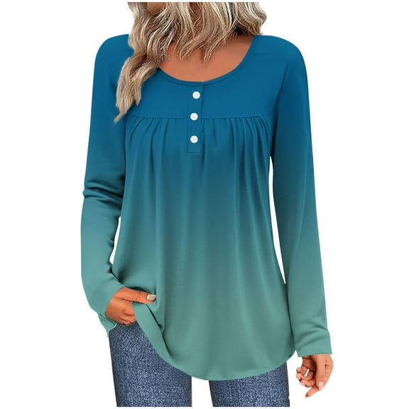 Fall Fashion Must Haves Ladies Long Sleeve Shirts Casual Button Crew Neck Tops Pleated Blouse Top Blouse Gradient Color Tops for Women