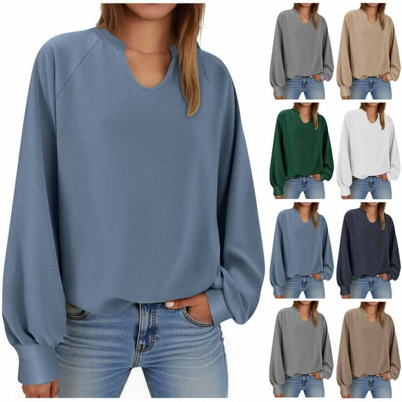 Fall Fashion Must Haves Solid Color Loose Long-Sleeved V-neck Sweatshirt Long-Sleeved Casual Soft Basic Tee Tops Fall Outfit Clothes