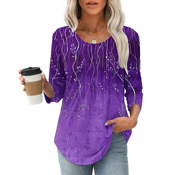 Spring Fashion Must Haves Women Spring Clothes 3/4 Sleeve Shirt Round Neck Tshirts Casual Pleated Tunic Top Curved Hem Printed Fashion Top My Items