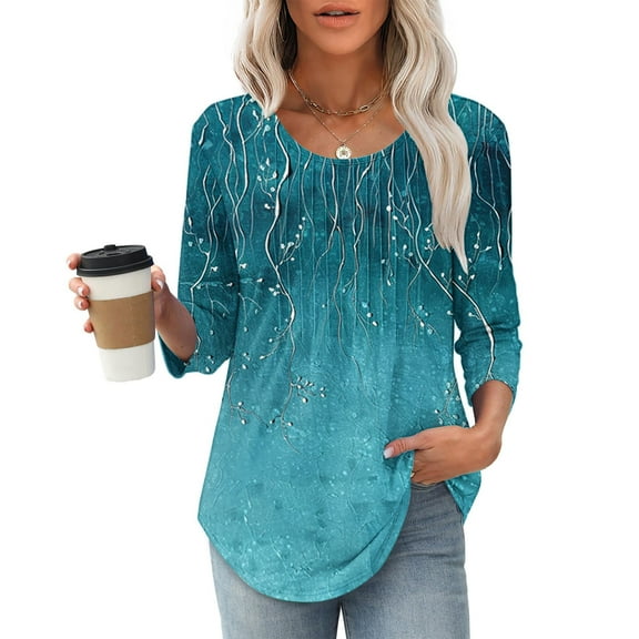 Spring Fashion Must Haves Women Spring Clothes 3/4 Sleeve Shirt Round Neck Tshirts Casual Pleated Tunic Top Curved Hem Printed Fashion Top My Items