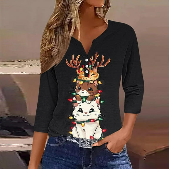 Fall Fashion Must Haves Women's 3/4 Sleeve Holiday Shirt V Neck Christmas Print Cozy Top Tees Tshirts Women Fall Clothes