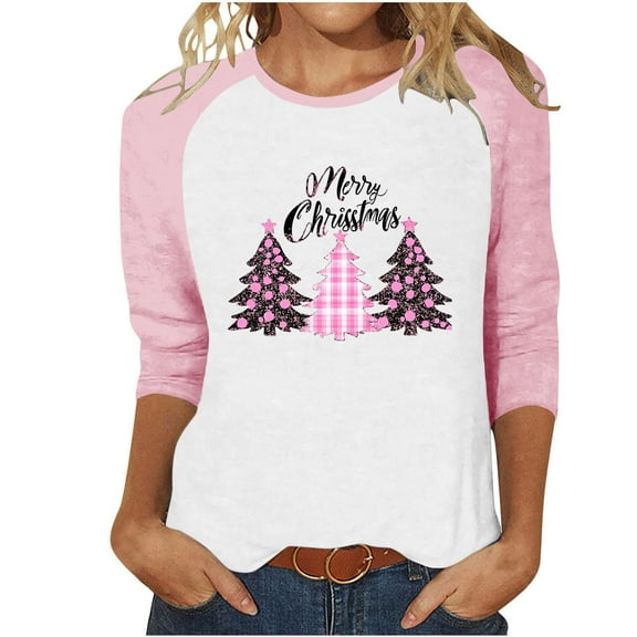 Fall Fashion Must Haves Women's 3/4 Sleeve Round Neck Raglan Blouse with Festive Tree Pattern Tees Tshirts Tops Women Fall Clothes