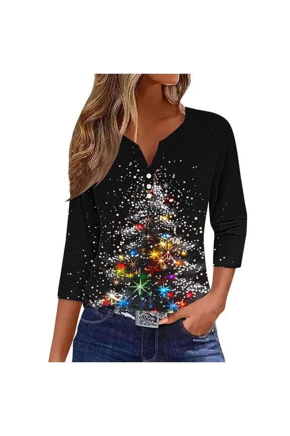 Fall Fashion Must Haves Women's Button Down V Neck Holiday Blouse with Christmas Tree Print 3/4 Sleeve Tops Tees Tshirts Women Fall Clothes