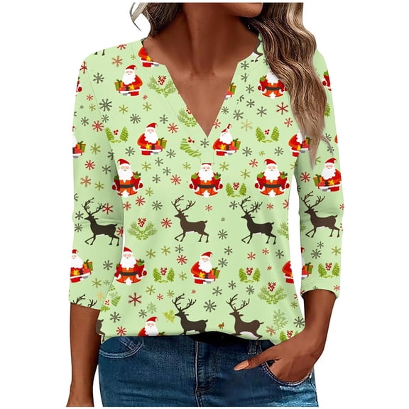Fall Fashion Must Haves Women's Christmas Graphic T-Shirt 3/4 Sleeve V Neck Soft Top Tees Tshirts Blouse Women Fall Clothes