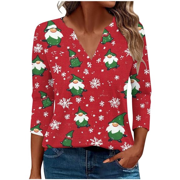 Fall Fashion Must Haves Women's Christmas Tees Three Quarter Sleeve V Neck Shirt with Holiday Print Tshirts Tops Blouse Women Fall Clothes