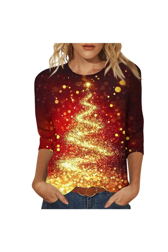 Fall Fashion Must Haves Women's Christmas Tree Print 3/4 Sleeve Round Neck Casual Tops Tees Tshirts Shirts Blouse for Holiday Party Women Fall Clothes