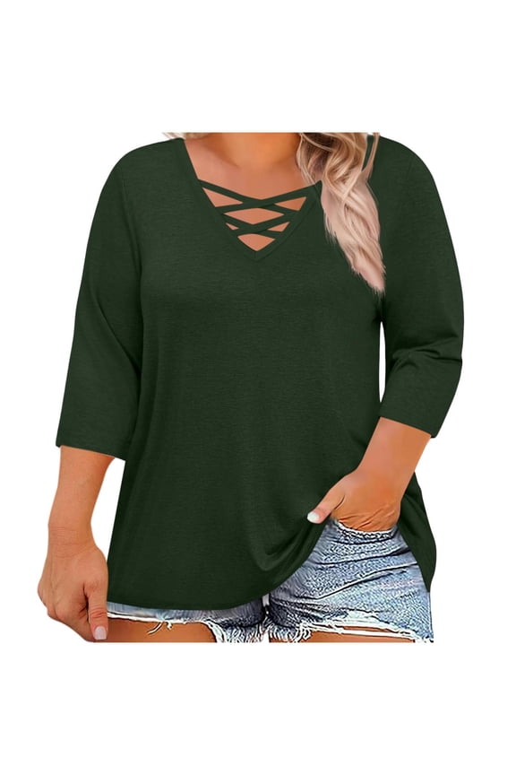 Fall Fashion Must Haves Women's Classic V Neck Solid Color Top Three Quarter Sleeve Basic Wardrobe Essential Tees Tshirts Women Fall Clothes