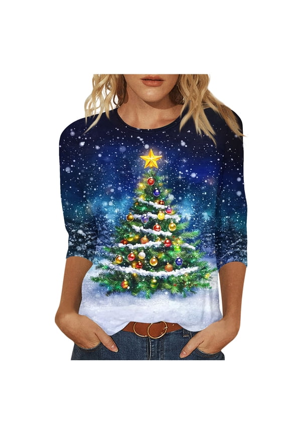 Fall Fashion Must Haves Women's Elegant Christmas Tree Print Top 3/4 Sleeve Round Neck Blouse Tees Tshirts for Holiday Events Women Fall Clothes