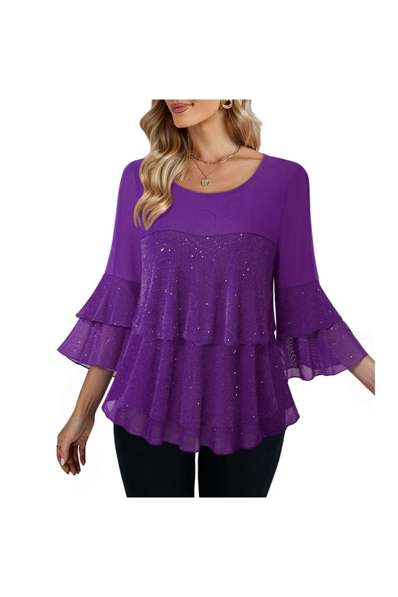 Fall Fashion Must Haves Women's Elegant Round Neck Flared Sleeve Top 3/4 Length Solid Color Flowy Blouse Tees Tshirts for Special Occasions Women Fall Clothes