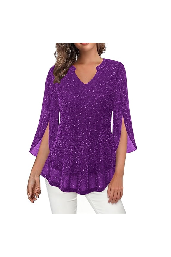 Fall Fashion Must Haves Women's Feminine Bell Sleeve Blouse V Neck 3/4 Sleeve Solid Color Flowy Top Tees Tshirts for Special Events Women Fall Clothes