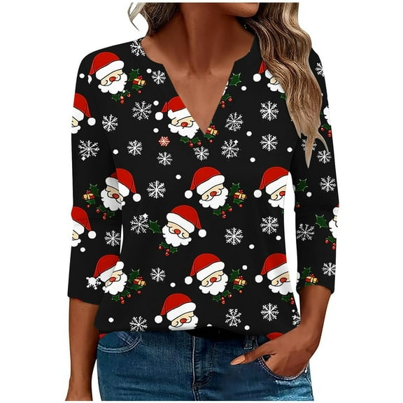 Spring Fashion Must Haves Women's Festive Santa Design V Neck Three Quarter Sleeve Top Tees Tshirts Blouse for Holiday Gatherings Women Spring Clothes