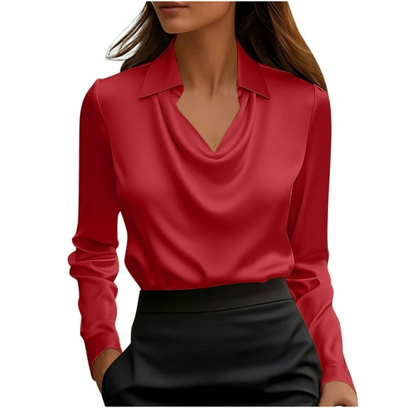 Fall Fashion Must Haves Women's Long Sleeve Satin Shirt Elegant Cowl Neck Turn Down Collar Casual Blouse Tops Fall Clothes My Items