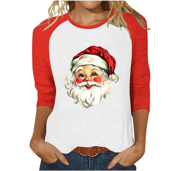 Fall Fashion Must Haves Women's Raglan Sleeve Round Neck 3/4 Sleeve Blouse with Santa Claus Print Tees Tshirts Tops Women Fall Clothes