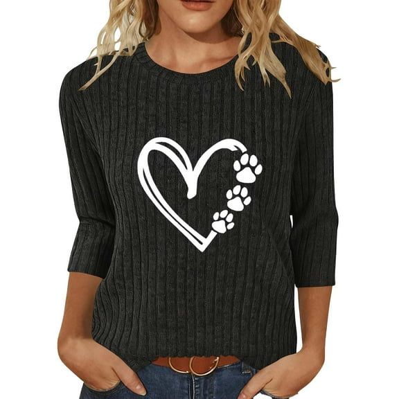 Fall Fashion Must Haves Women's Rib Knit Blouse 3/4 Sleeve Round Neck with Love Heart Pattern Tees Tshirts Tops for Dating Women Fall Clothes