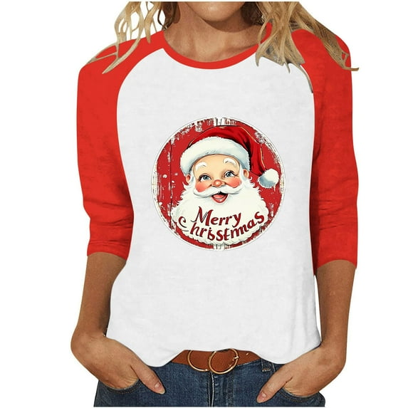 Fall Fashion Must Haves Women's Three Quarter Raglan Sleeve Round Neck Top with Santa Print Christmas Design Tees Tshirts Women Fall Clothes