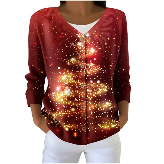 Fall Fashion Must Haves Womens Button Front Christmas Tree Cardigan Long Sleeve V Neck Knit Top for Festive Wear Women Fall Clothes