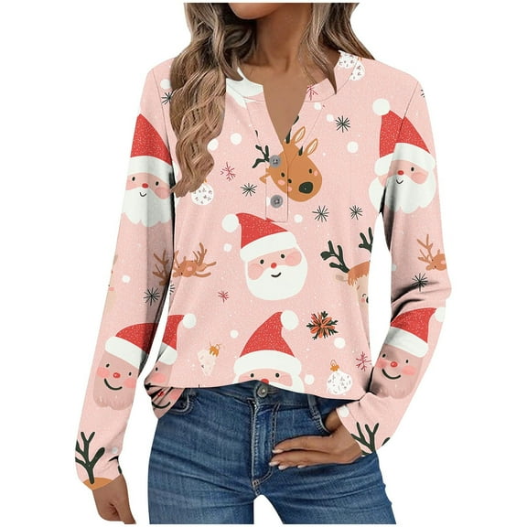 Fall Fashion Must Haves Womens Christmas Shirts Funny Christmas Collection Top with Buttons Long Sleeve V Neck Holiday Blouse Fall Clothes My Items