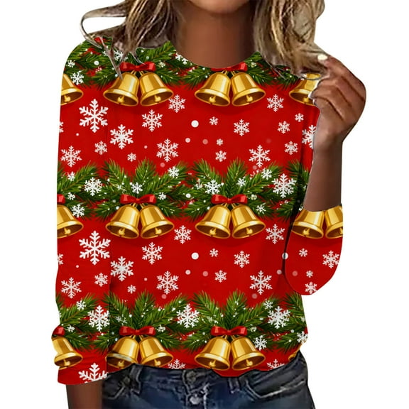 Fall Fashion Must Haves Womens Christmas Shirts Funny Christmas Top Long Sleeve Round Neck Blouse with Holiday Print Shirt Tees Fall Clothes My Items