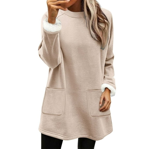 Fall Fashion Must Haves Womens Cozy Casual Long Sleeve Sweatshirt with Pockets Solid Color Pullover Tops for Everyday Wear Crew Neck Fall Fashion